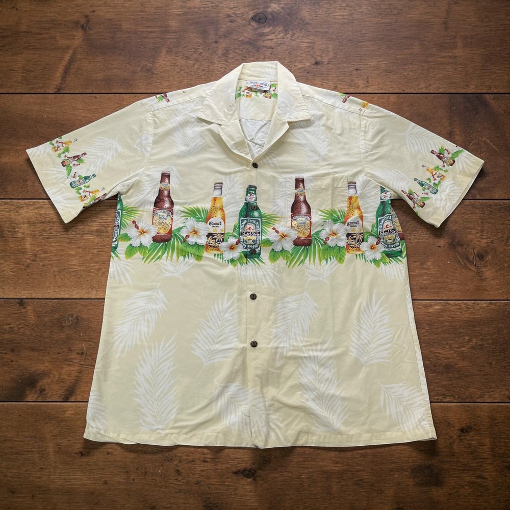 Vintage USA Pacific Legend Hawaiian Shirt Mens (L) Beer Bottle Hibiscus Tropical
